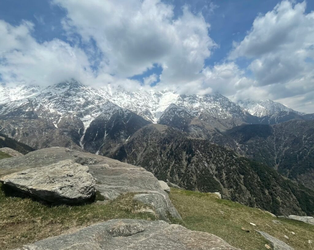 Panoramic view from Triund Trek in Dharamshala overlooking the Dhauladhar range