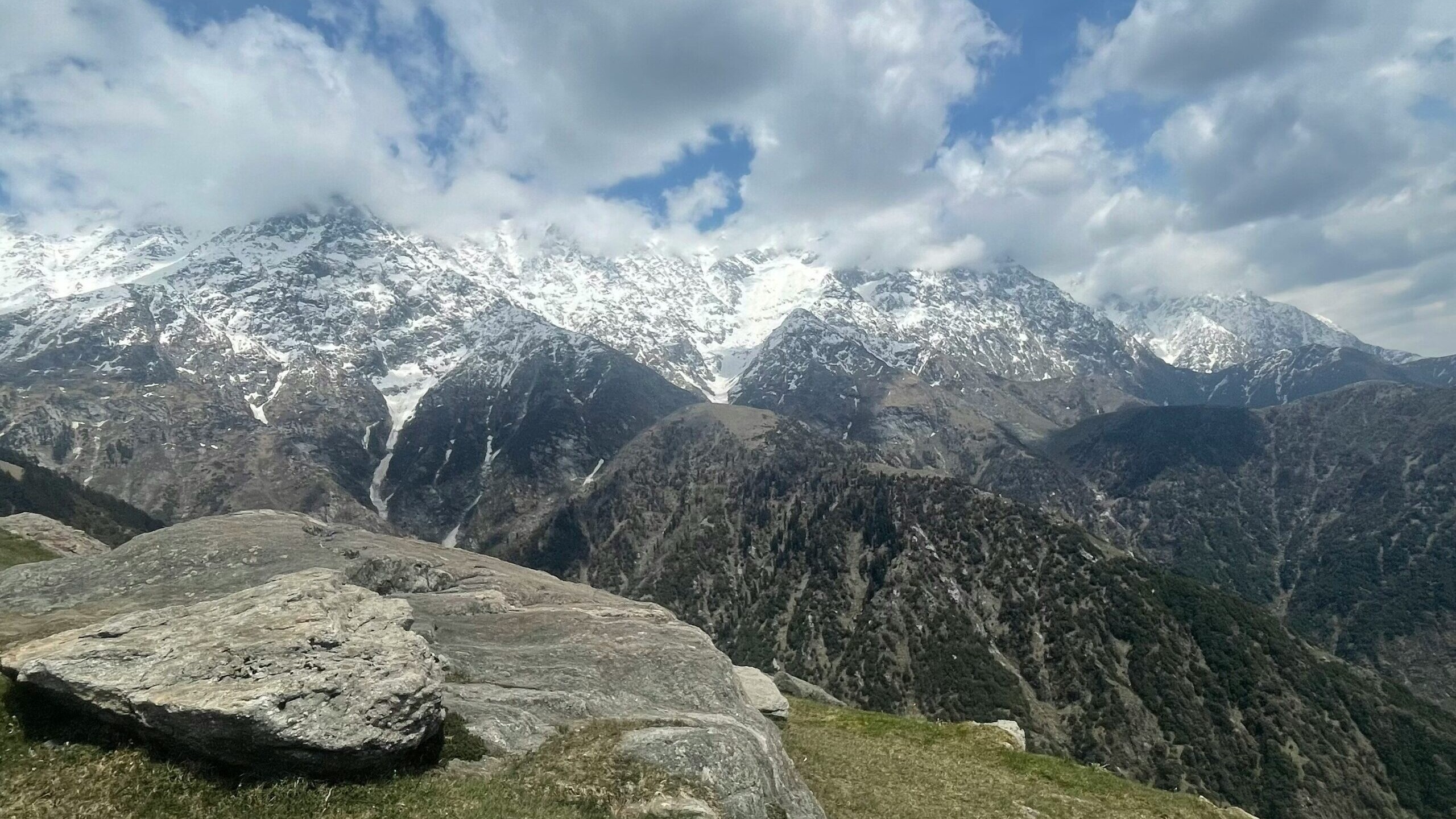 Panoramic view from Triund Trek in Dharamshala overlooking the Dhauladhar range