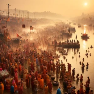 Saffron-clad sadhus taking a holy dip in the river at sunset during Prayagraj Kumbh Mela 2025
