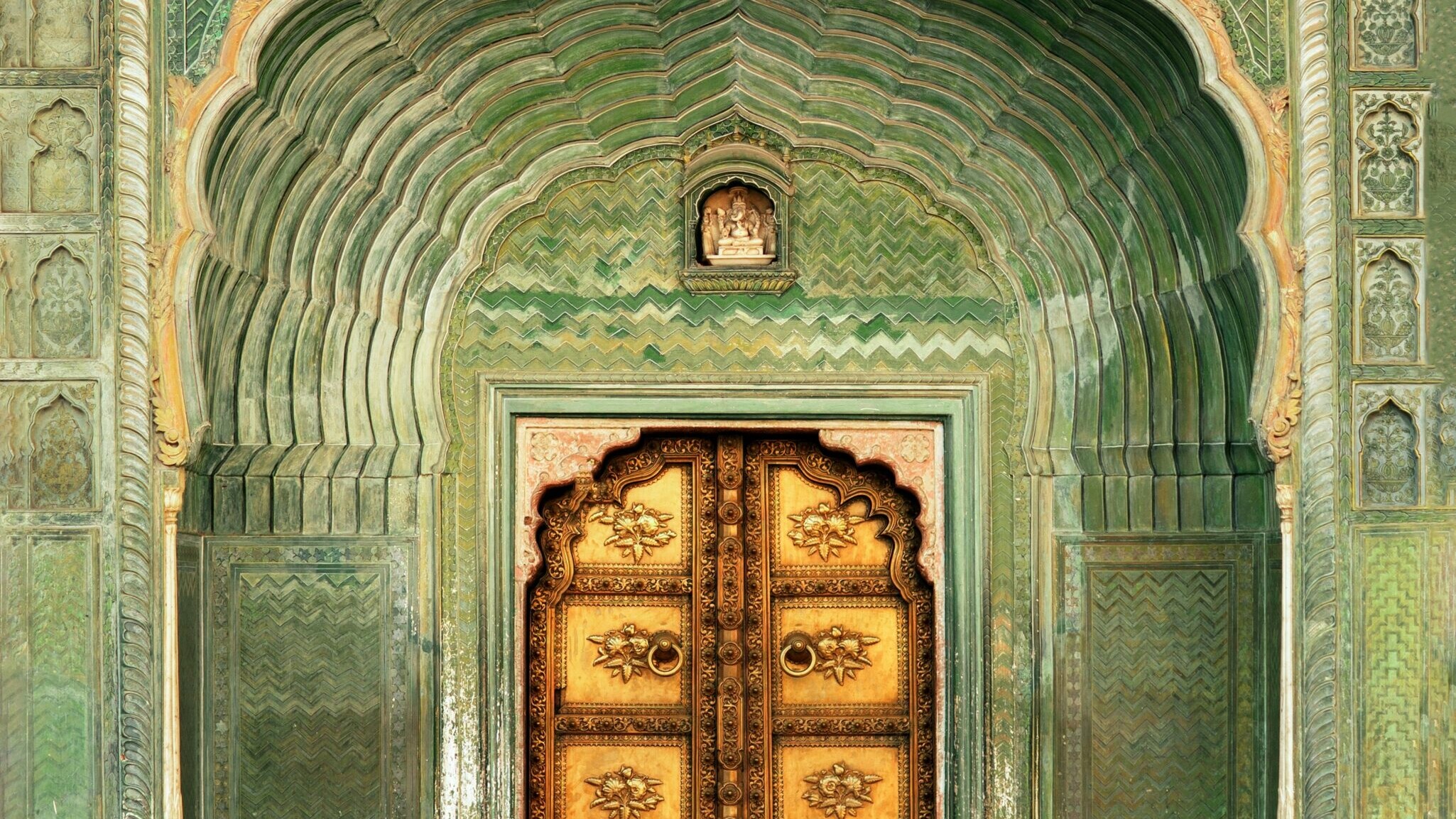 Peacock Gate at City Palace Jaipur, decorative mosaic arch with peacock motifs